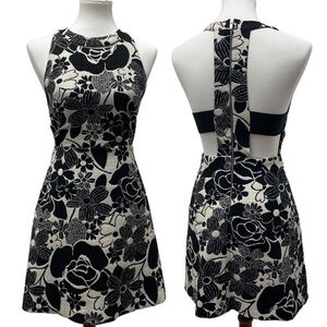 ZARA Jacquard Black + white Floral Mini Dress, small. Fit & flare open back